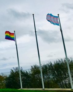 Two flags on flagpoles.