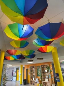 Open umbrellas hanging from a ceiling.