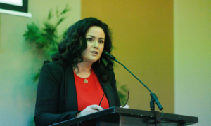 Image of peron speaking into a microphone at a podium. 